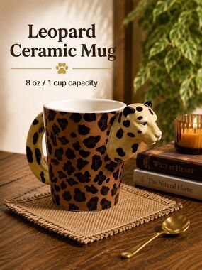 Leopard Ceramic Coffee Mug 8 oz 1 Cup Animal Head Handle Microwave Safe Cute